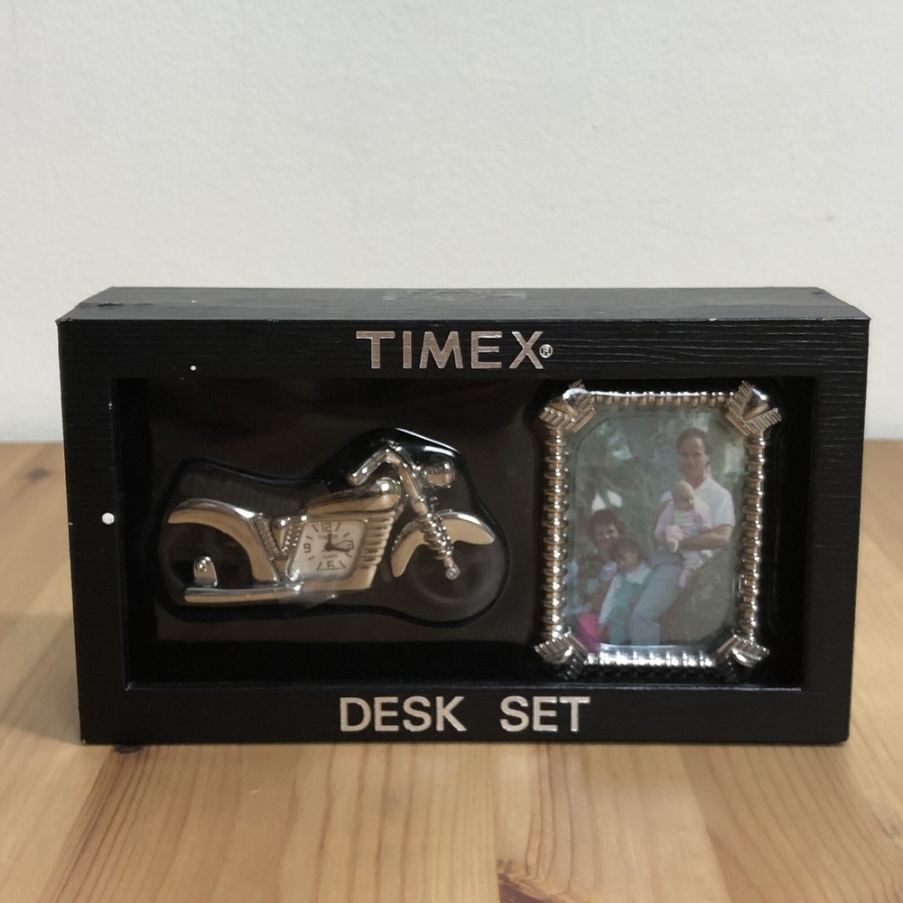 Vintage Timex Motorcycle Themed Desk Set Mini Clock & Picture Frame
